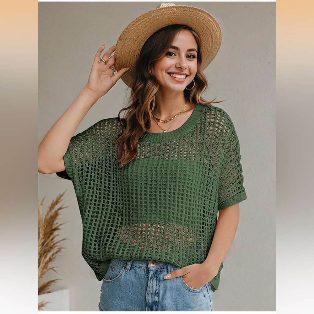 UHU crocheted short sleeve mesh Green Knit Sweater trendy top - Picture 6 of 15
